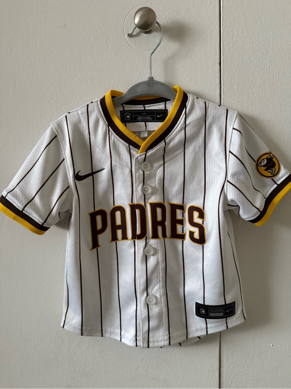 12mo White Pinstripe Padres Jersey with Brown and Gold Trim